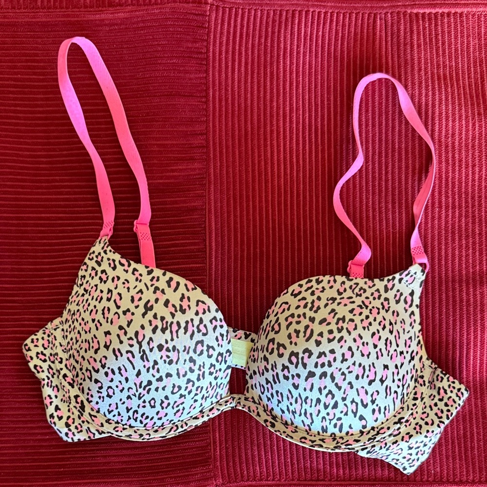 Victoria's Secret Leopard Push-Up Bra with Hot Pink Straps